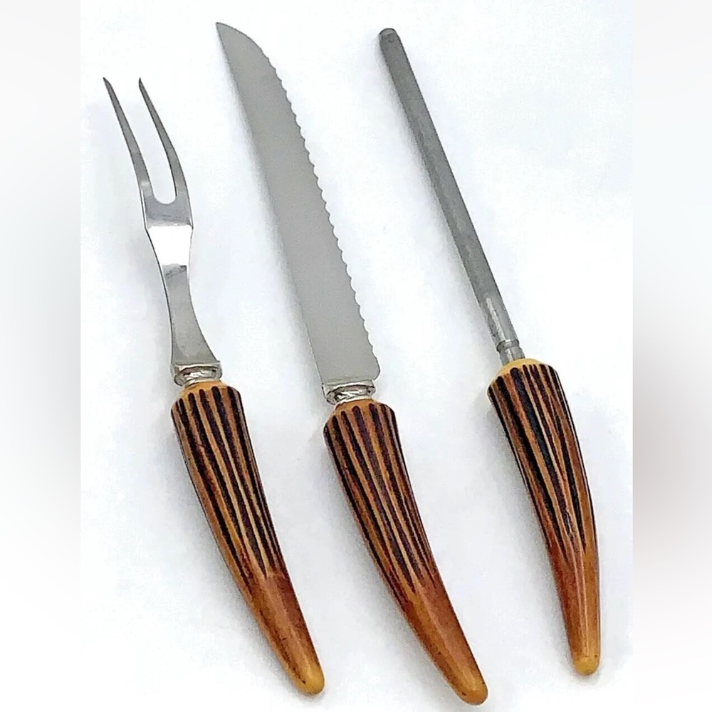 Vintage Carving Set Faux Antler E Parker & Sons Sheffield Stainless Steel Blades